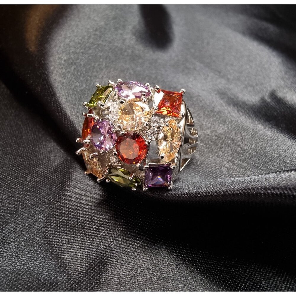 Multi-Gemstone Silver Color Statement Ring With Square & Oval Cut Stones